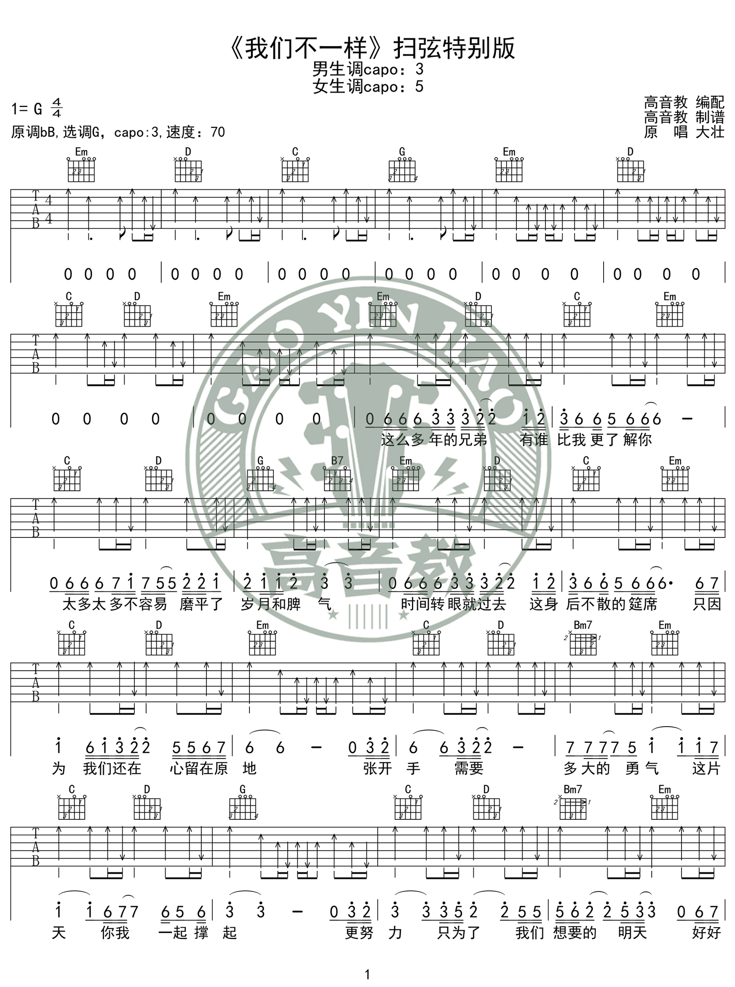 大壮-我们不一样吉他谱1-G调指法