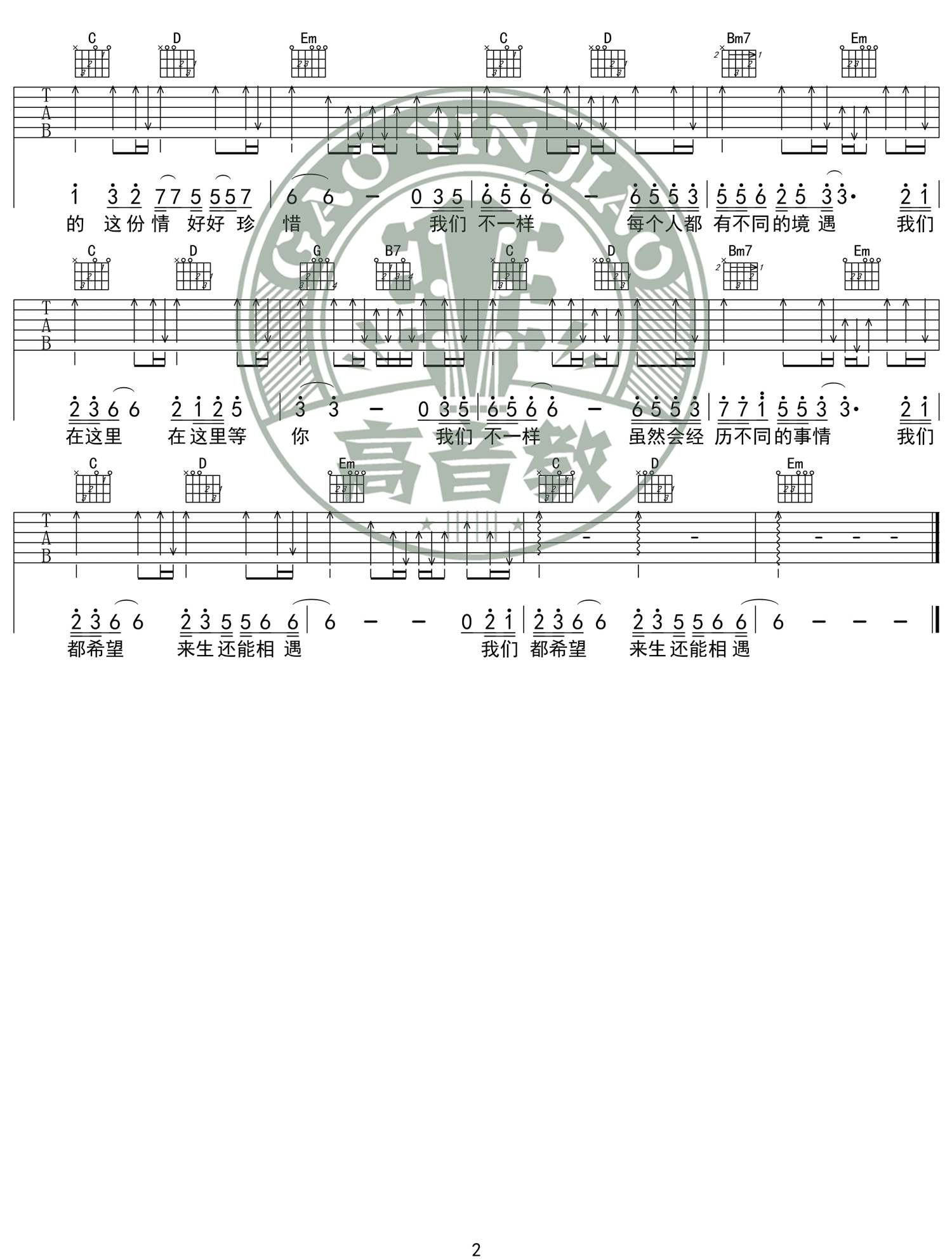 大壮-我们不一样吉他谱2-G调指法