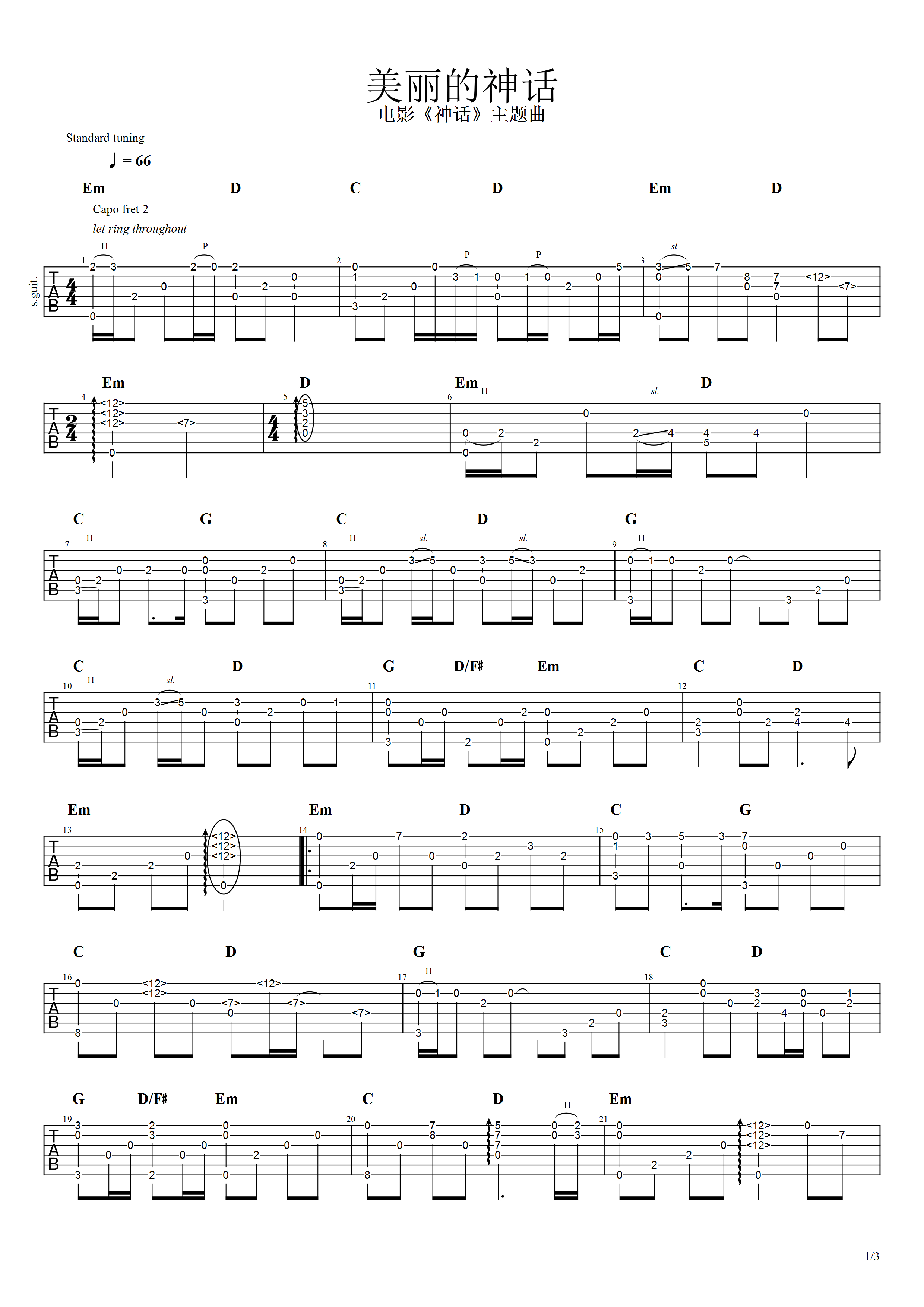 孙楠-美丽的神话指弹吉他谱1