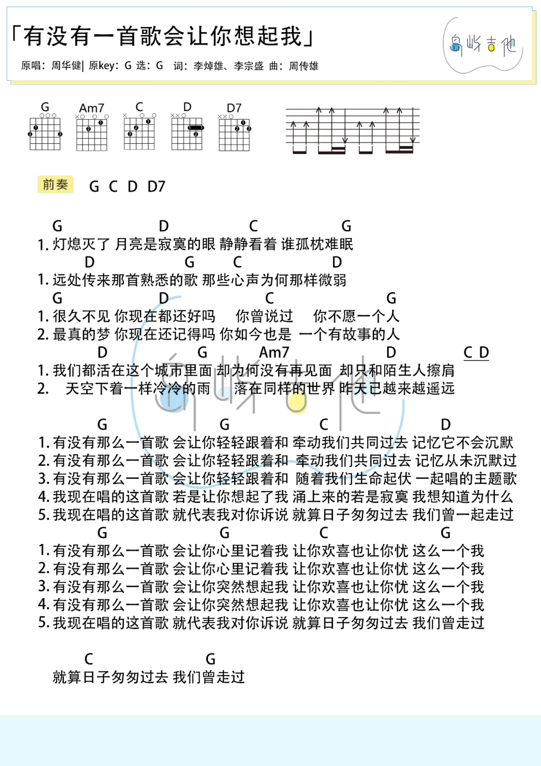 周华健-有没有一首歌会让你想起我吉他谱2-G调指法